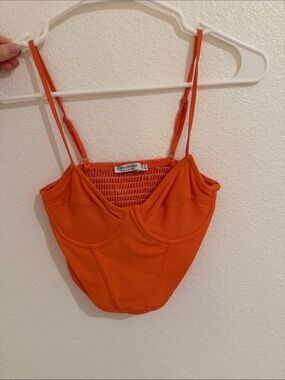 Stradivarius Coral Orange Smocked Bustier Crop Top